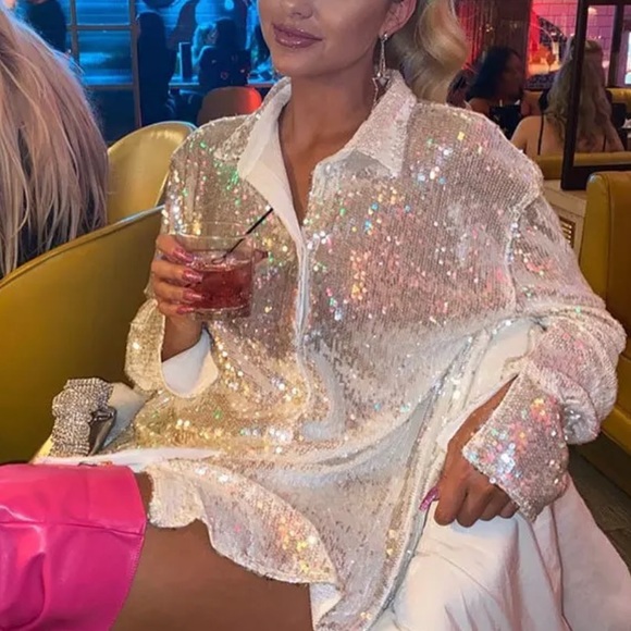 🎉New Sparkle & Shine Silver Long Sleeve Sequined Glitter Sheer Button Up Top - Picture 7 of 11